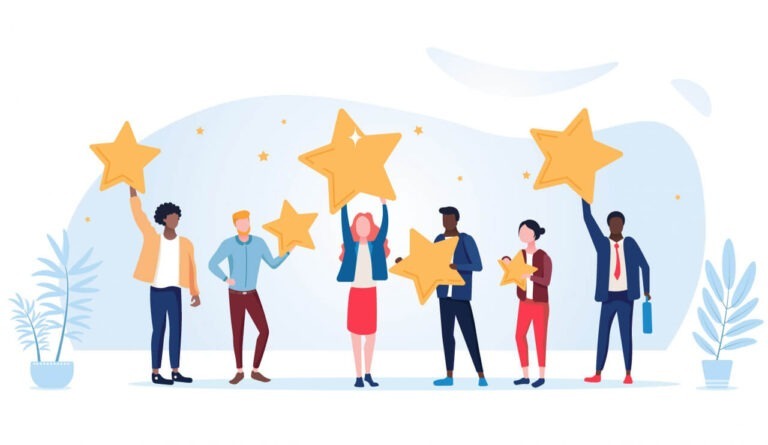 Illustration of people holding stars over their heads to give review rating and feedback