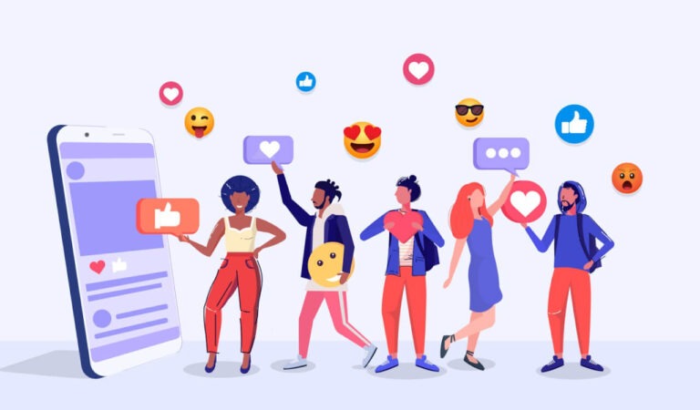 Illustration showing follower characters reacting to social media content with likes and emojis
